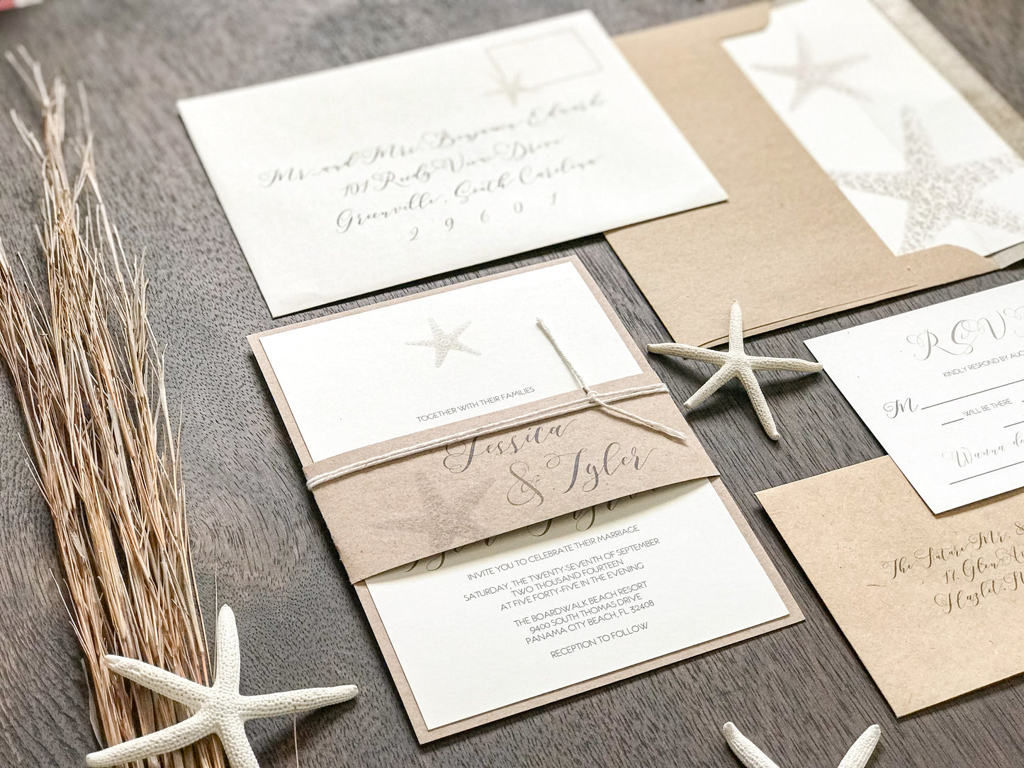 Rustic Beach Wedding Invitation with Personalized Kraft Bellyband and Twine