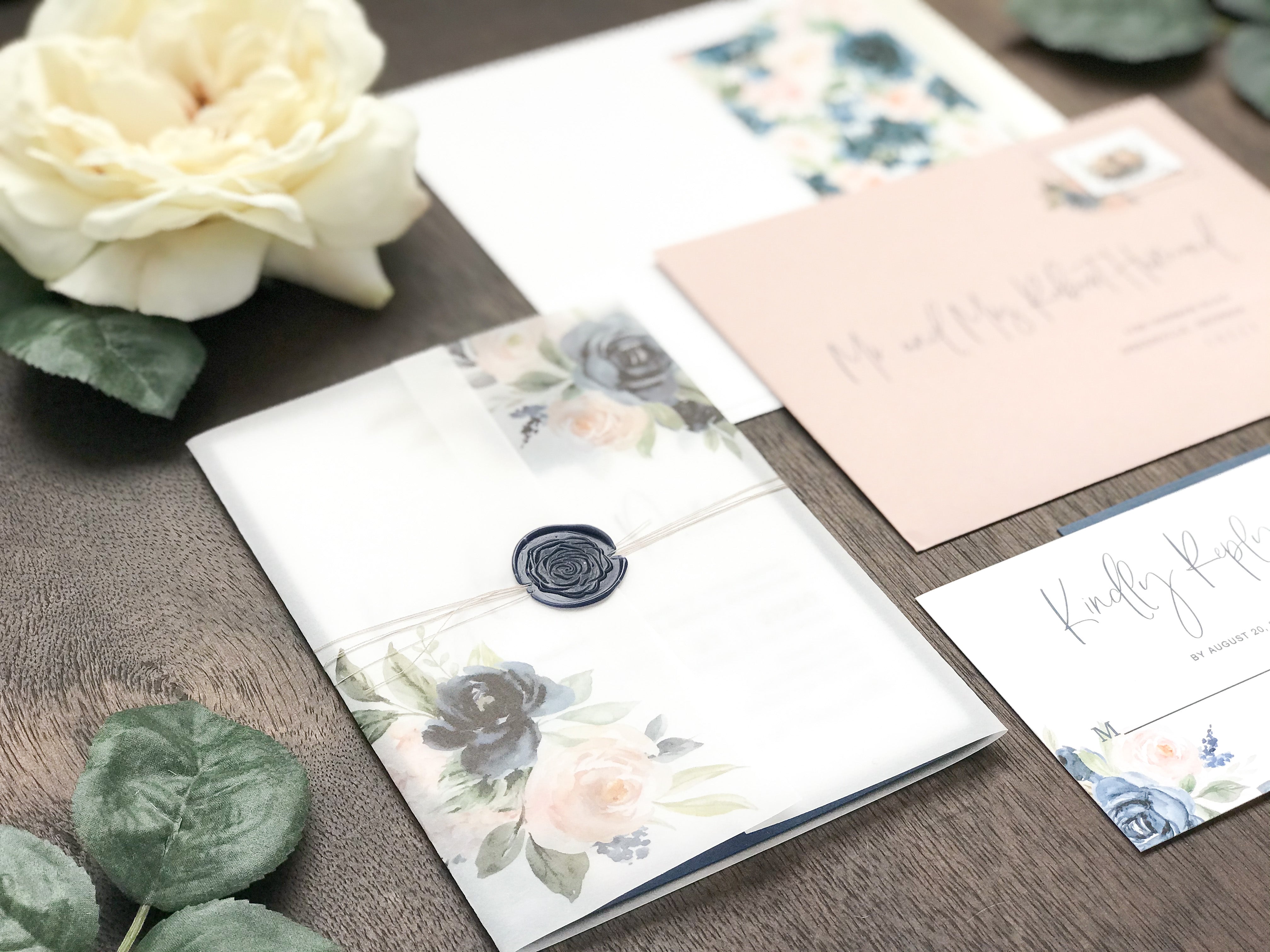 Blush Pink and Navy Blue Wedding Invitation with Vellum and Wax Seal