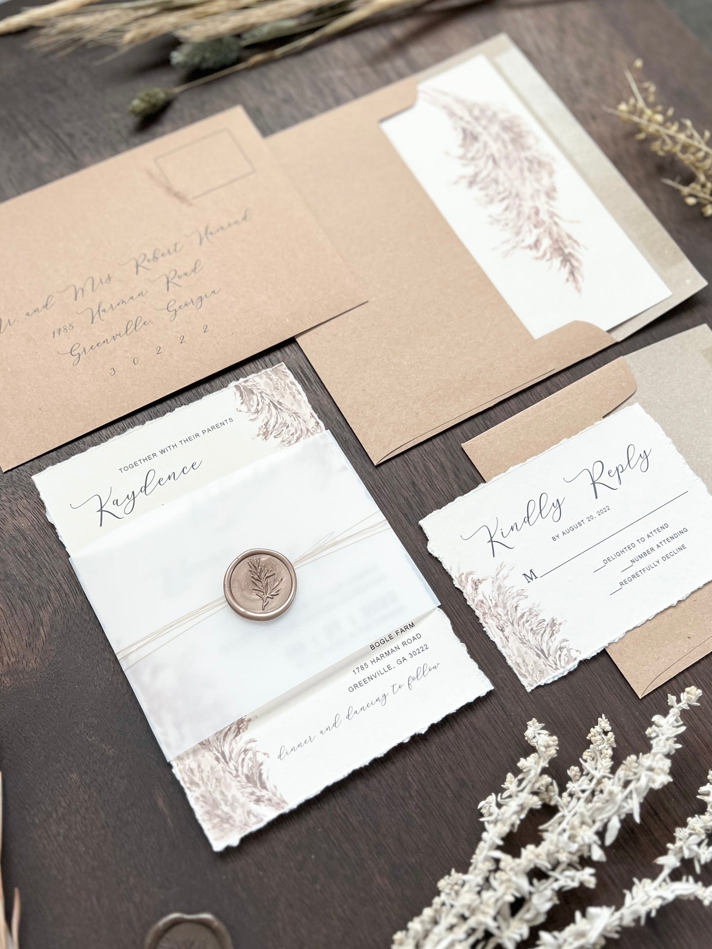 Pampas Grass Wedding Invitation with Deckled Edging, Vellum, & Wax Seal