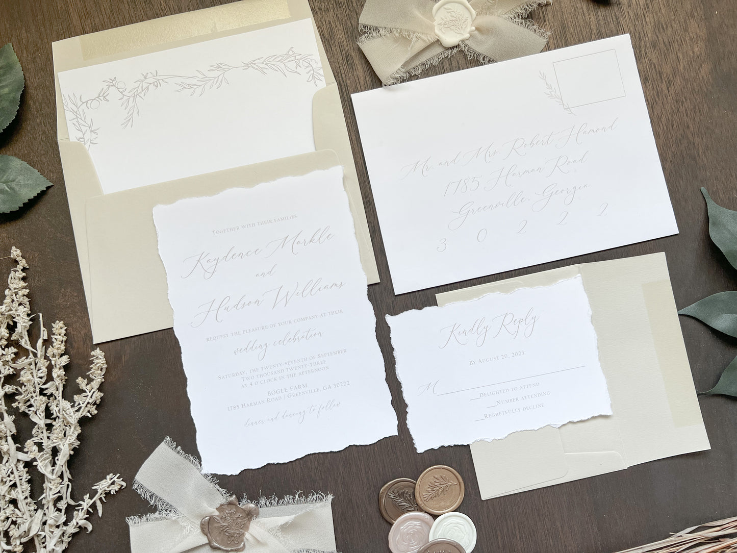Classy Formal Elegant Wedding Invitation with Deckled Edging, Light Nude Chiffon Ribbon & Wax Seal