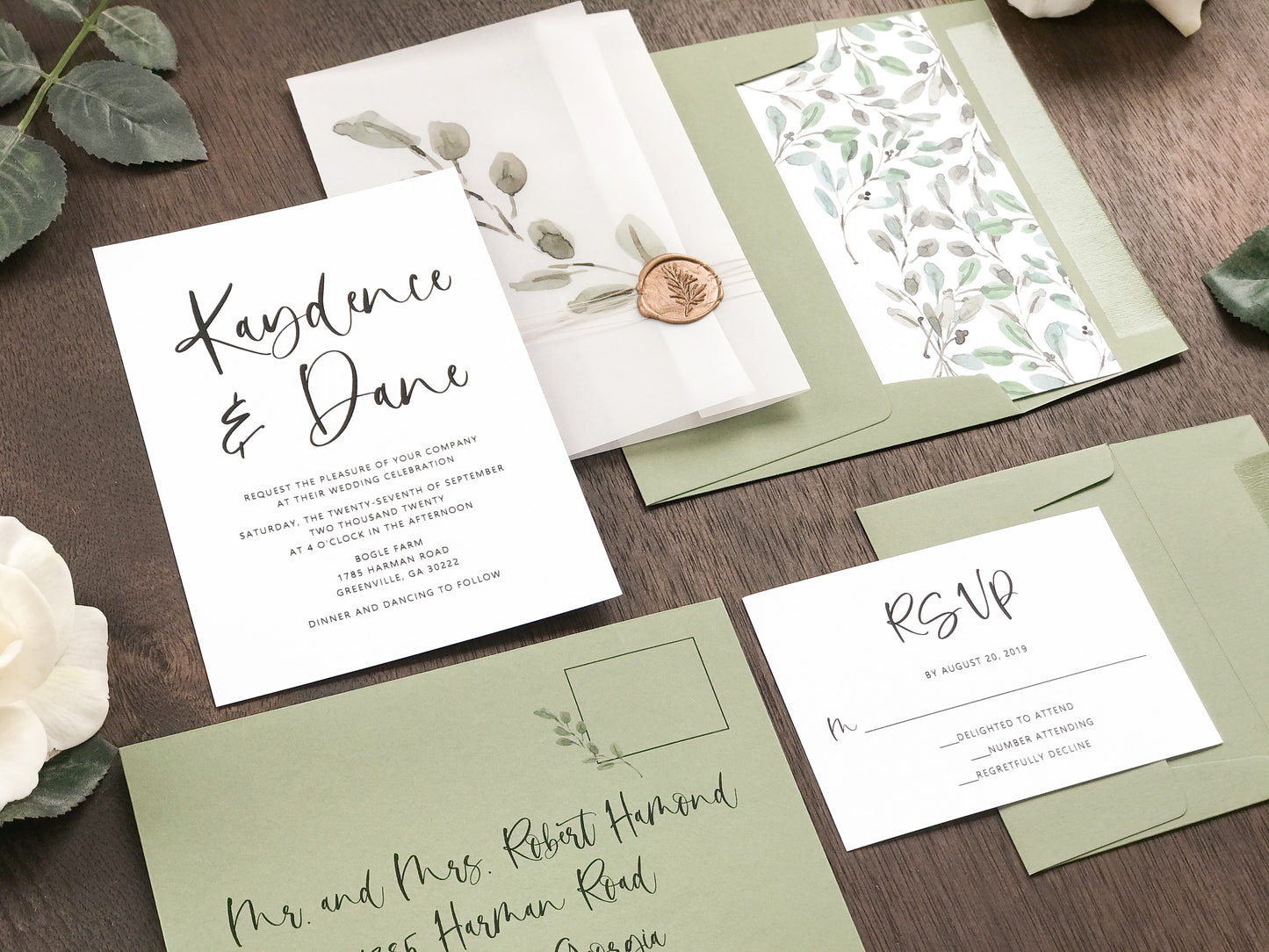 Greenery Wax Seal Vellum Wedding Invitation