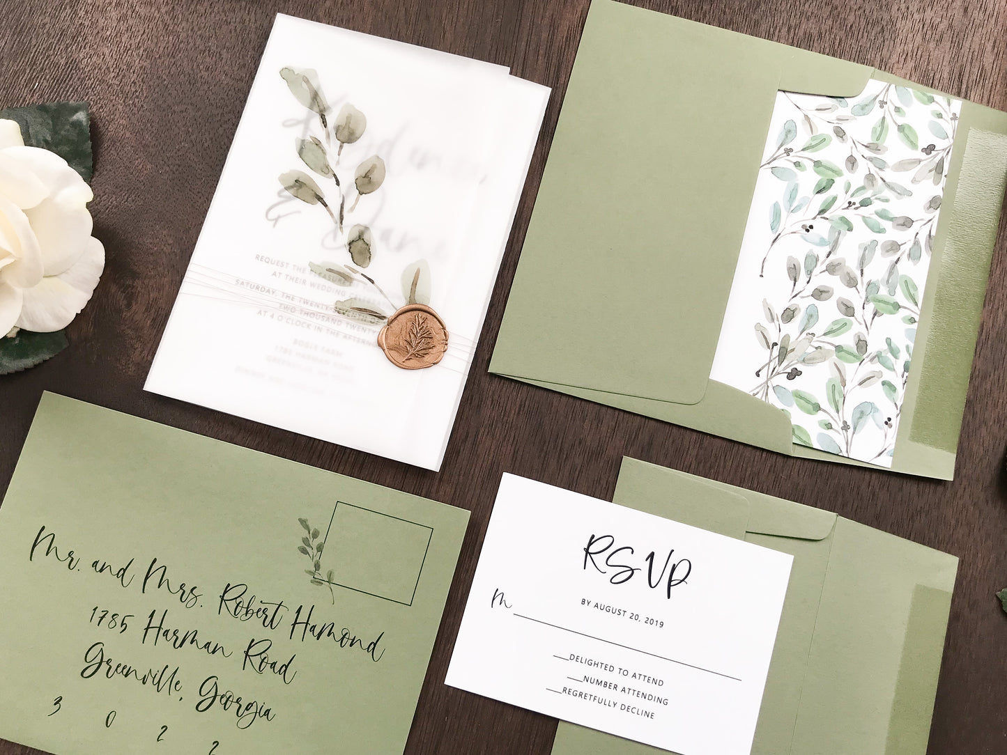 Greenery Wax Seal Vellum Wedding Invitation