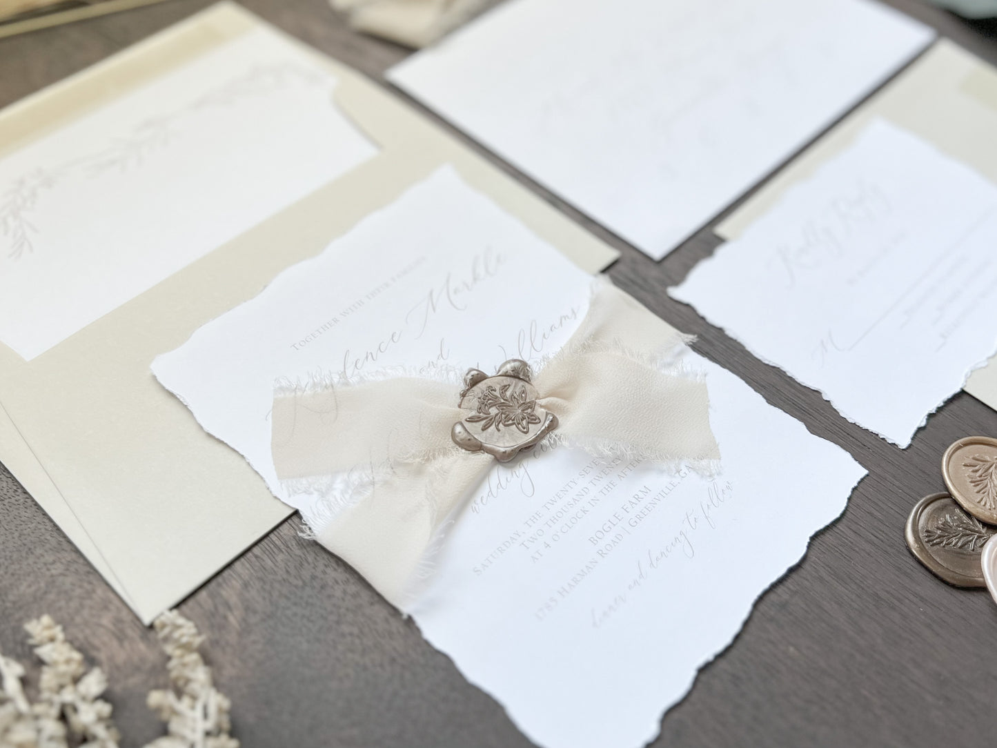 Classy Formal Elegant Wedding Invitation with Deckled Edging, Light Nude Chiffon Ribbon & Wax Seal