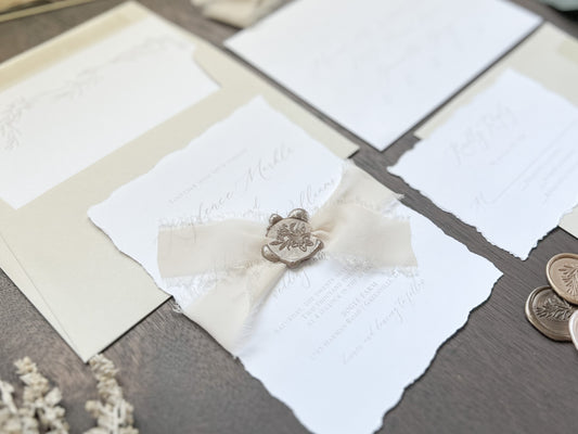 Classy Formal Elegant Wedding Invitation with Deckled Edging, Light Nude Chiffon Ribbon & Wax Seal