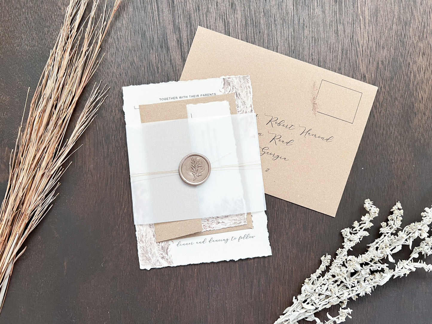 Pampas Grass Wedding Invitation with Deckled Edging, Vellum, & Wax Seal