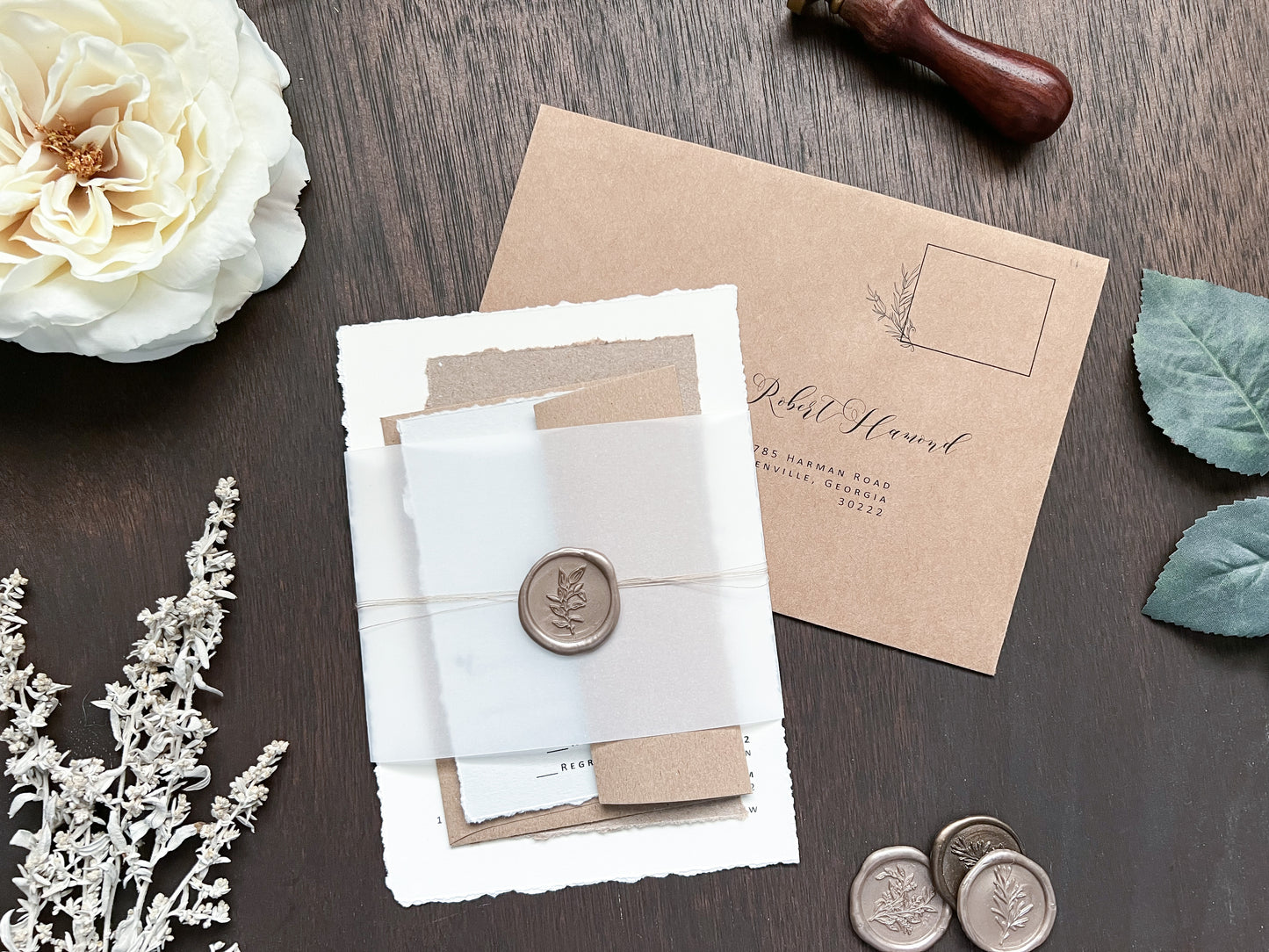 Contemporary Boho Wedding Invitation with Deckled Edging, Vellum Belly Band and Wax Seal