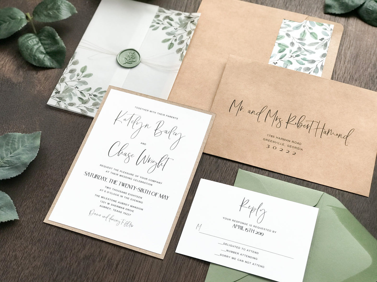 Wedding Invitation with Watercolor Greenery, Wax Seal & Vellum