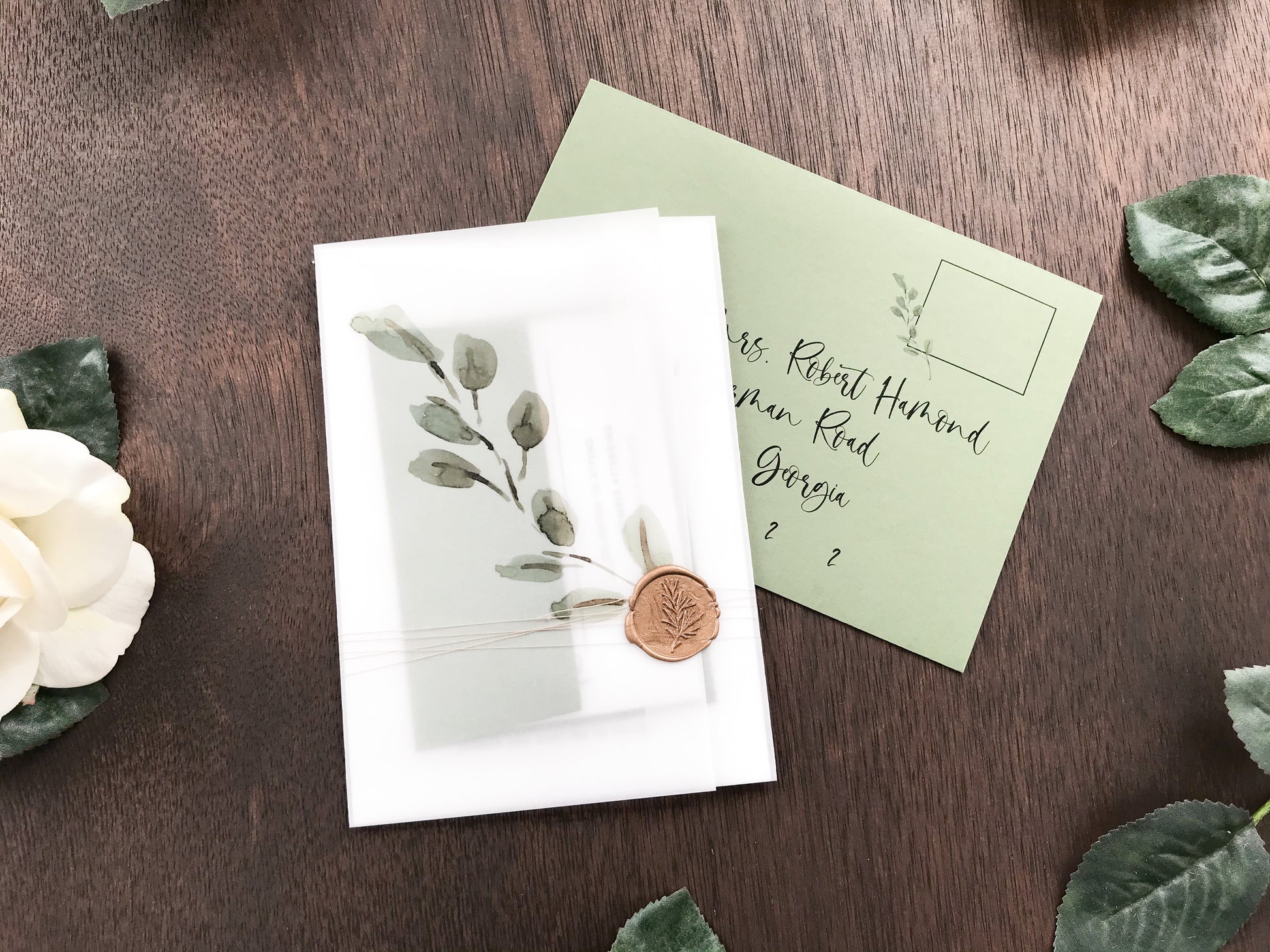 Greenery Wax Seal Vellum Wedding Invitation