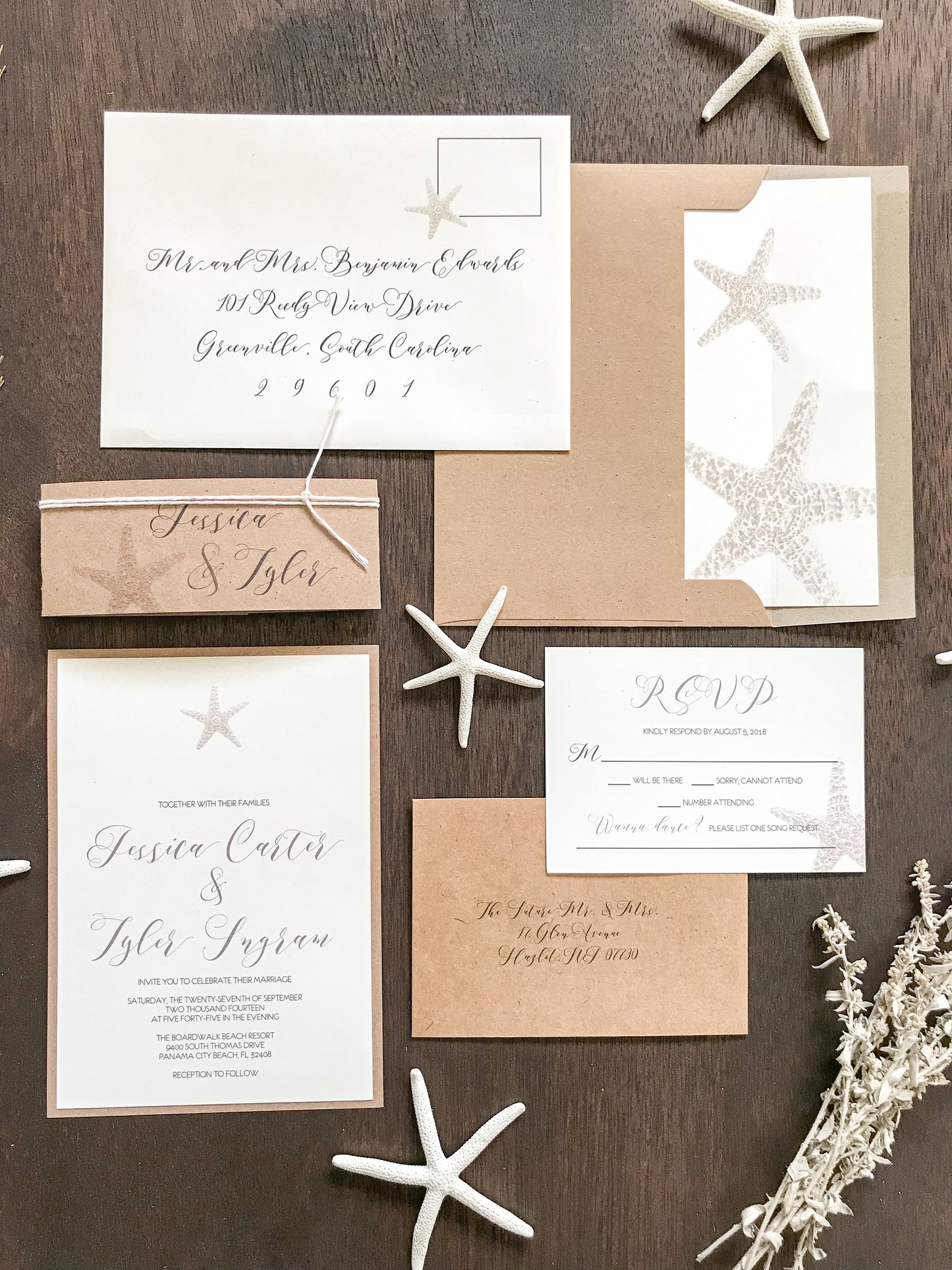 Rustic Beach Wedding Invitation with Personalized Kraft Bellyband and Twine