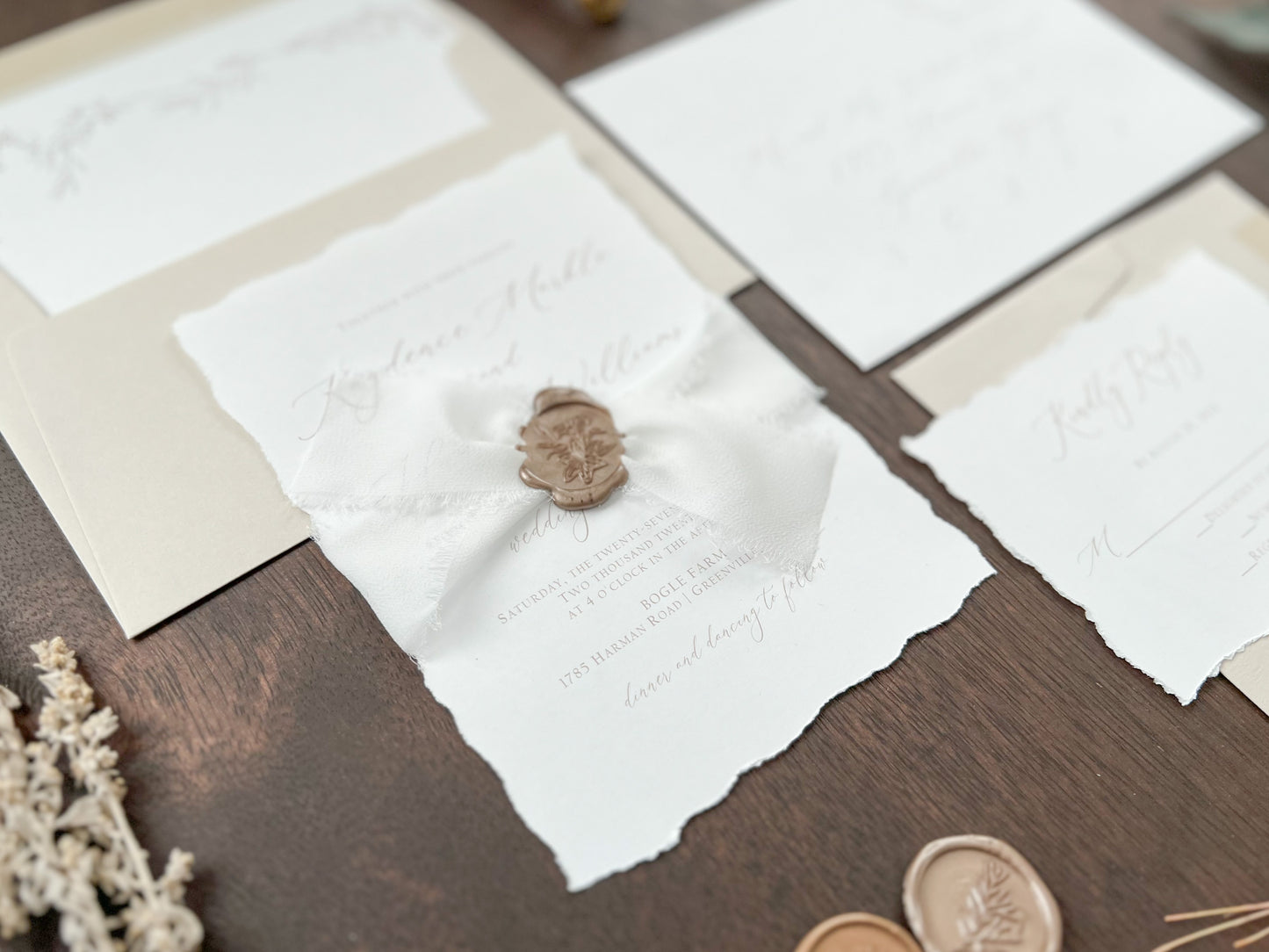 Classic Elegant Wedding Invitation with Deckled Edging, White Chiffon Ribbon & Wax Seal
