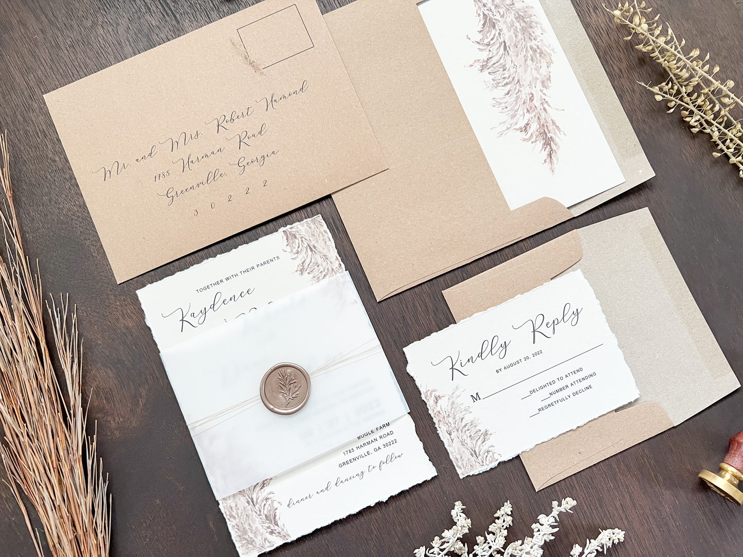 Pampas Grass Wedding Invitation with Deckled Edging, Vellum, & Wax Seal