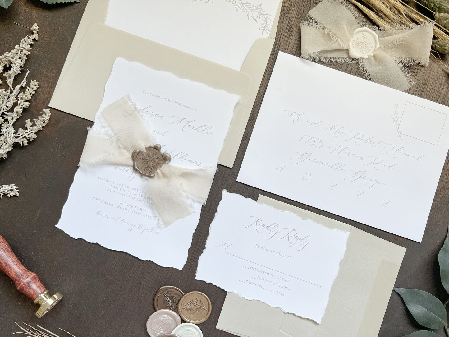 Classy Formal Elegant Wedding Invitation with Deckled Edging, Light Nude Chiffon Ribbon & Wax Seal