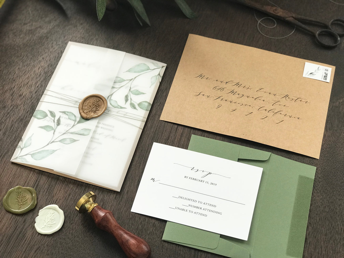 Greenery Vine Vellum Wedding Invitation with Wax Seal and Thread