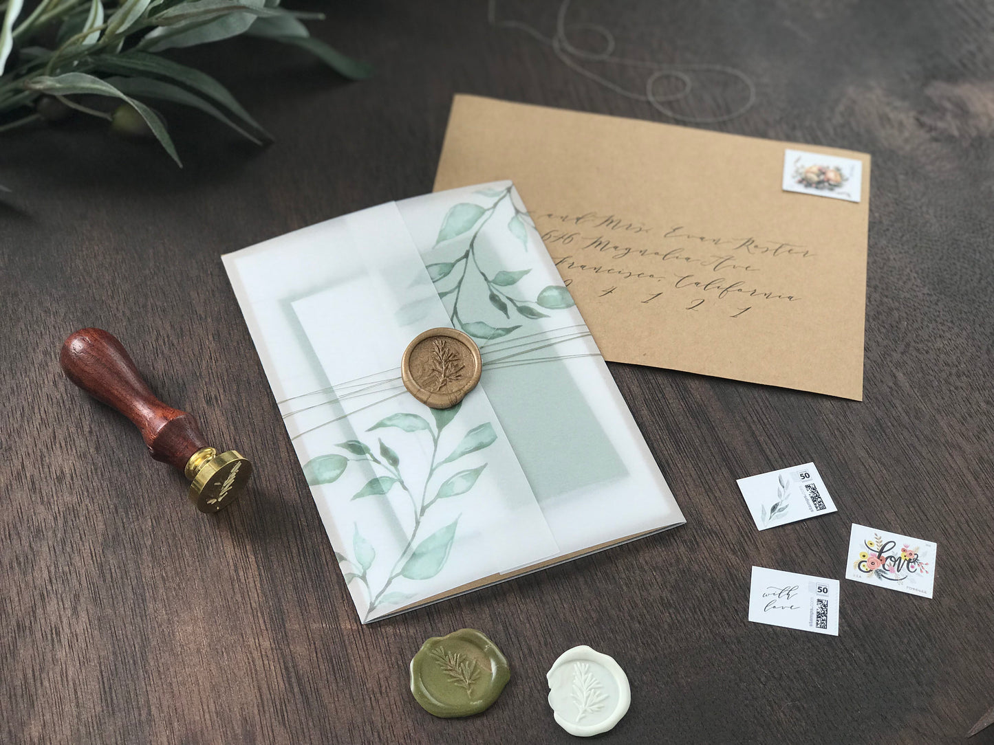 Greenery Vine Vellum Wedding Invitation with Wax Seal and Thread