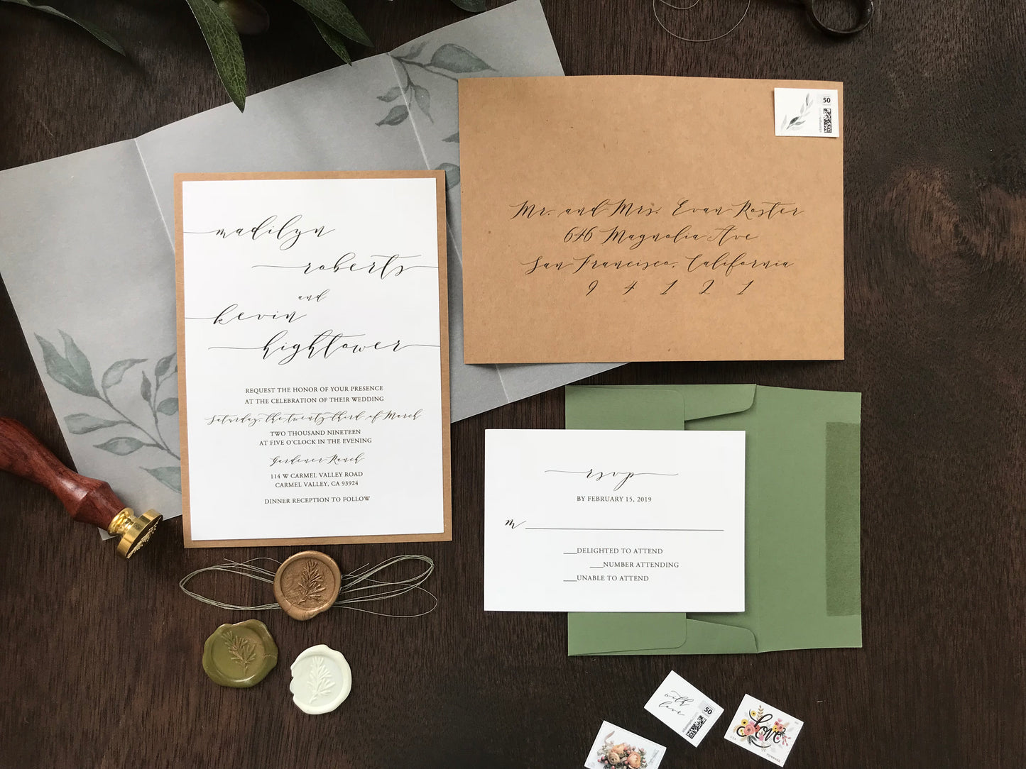 Greenery Vine Vellum Wedding Invitation with Wax Seal and Thread