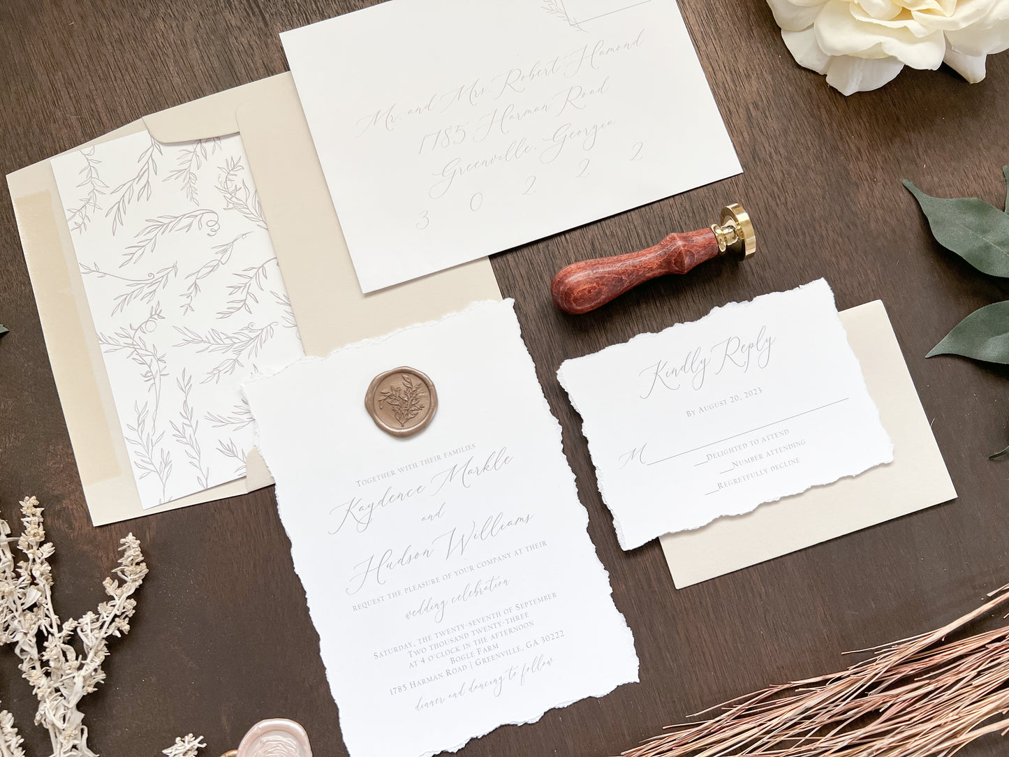 Minimalist Deckled Edge Wedding Invitation with Wax Seal
