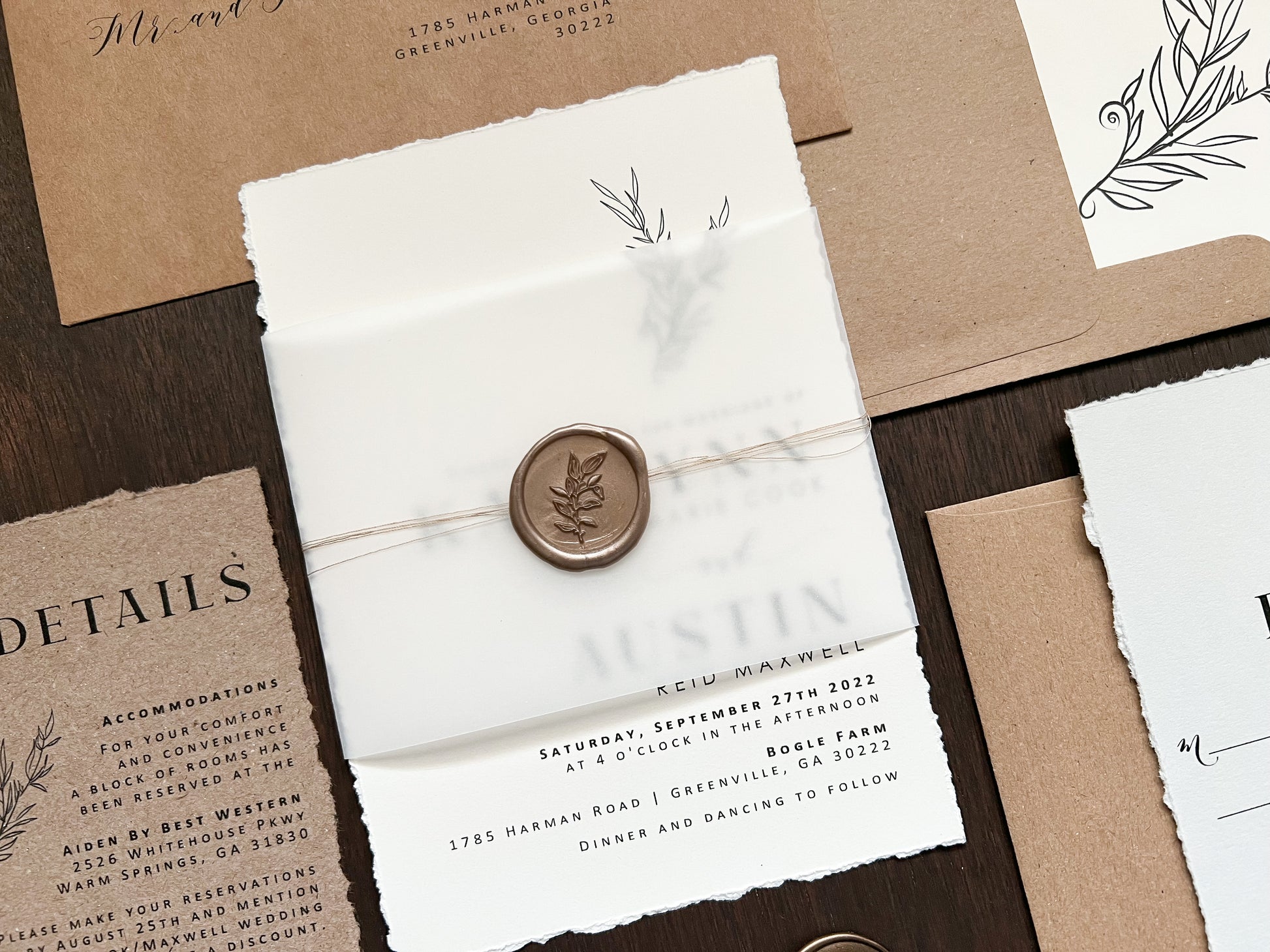 Contemporary Boho Wedding Invitation with Deckled Edging, Vellum Belly Band and Wax Seal
