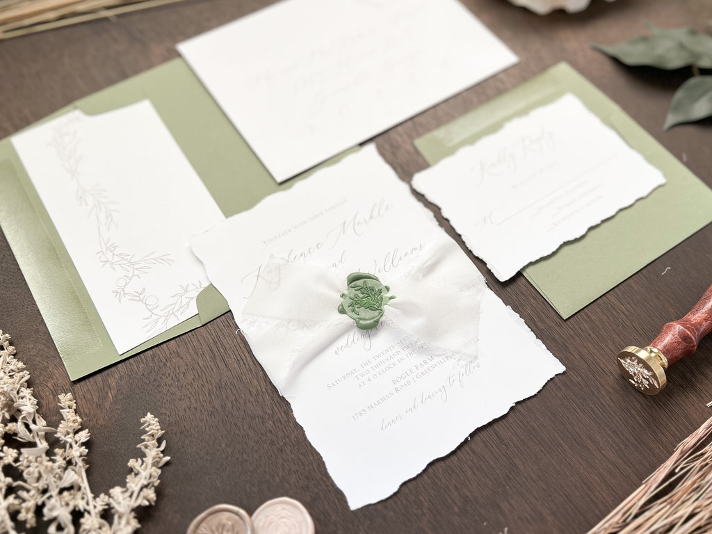 Classic Formal Elegant Wedding Invitation with Deckled Edging, White Chiffon Ribbon & Green Wax Seal