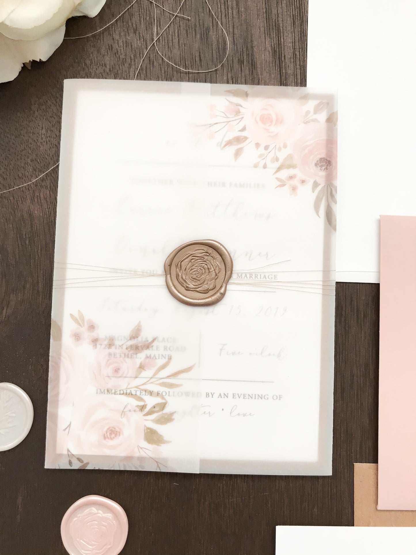 Muted Blush Pink and Floral Wedding Invitation with Vellum and Wax Seal