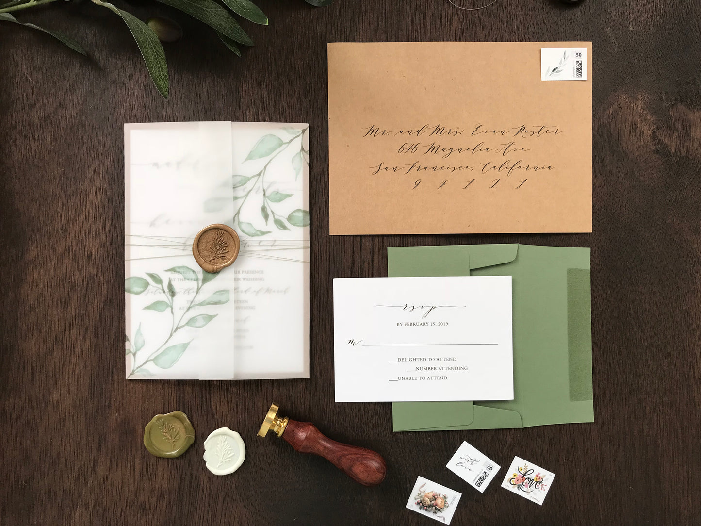 Greenery Vine Vellum Wedding Invitation with Wax Seal and Thread