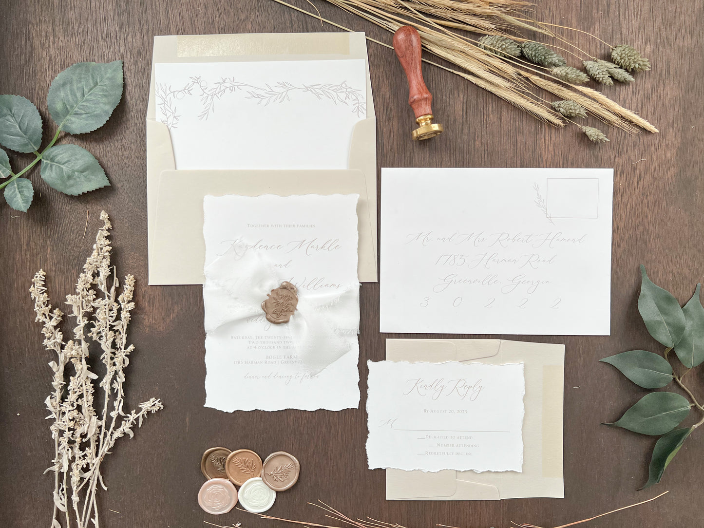 Classic Elegant Wedding Invitation with Deckled Edging, White Chiffon Ribbon & Wax Seal