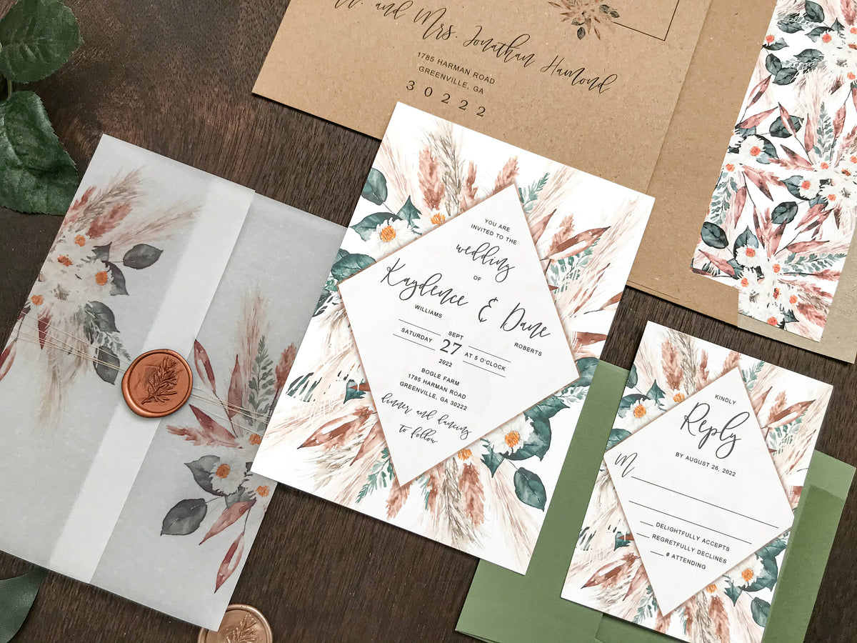 Boho Vellum Wedding Invitation with Wax Seal, Pampas Grass and Copper  Foliage