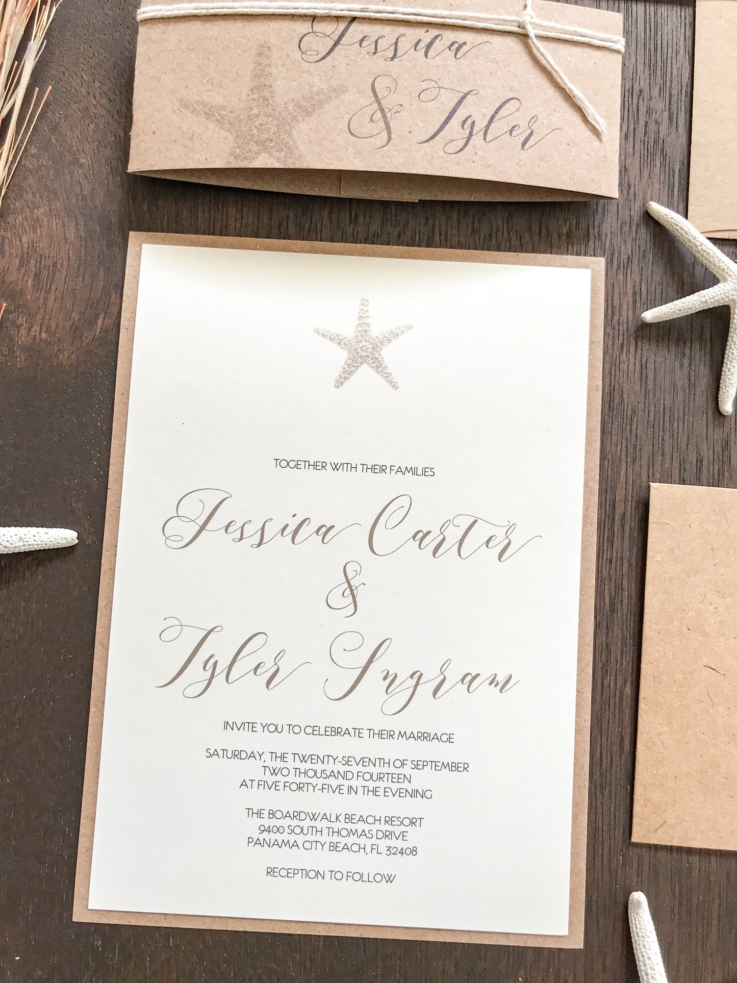 Rustic Beach Wedding Invitation with Personalized Kraft Bellyband and Twine
