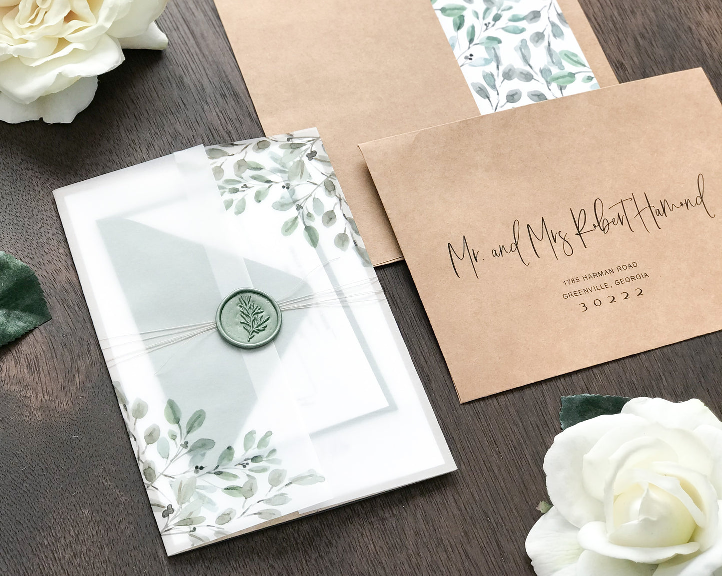 Wedding Invitation with Watercolor Greenery, Wax Seal & Vellum