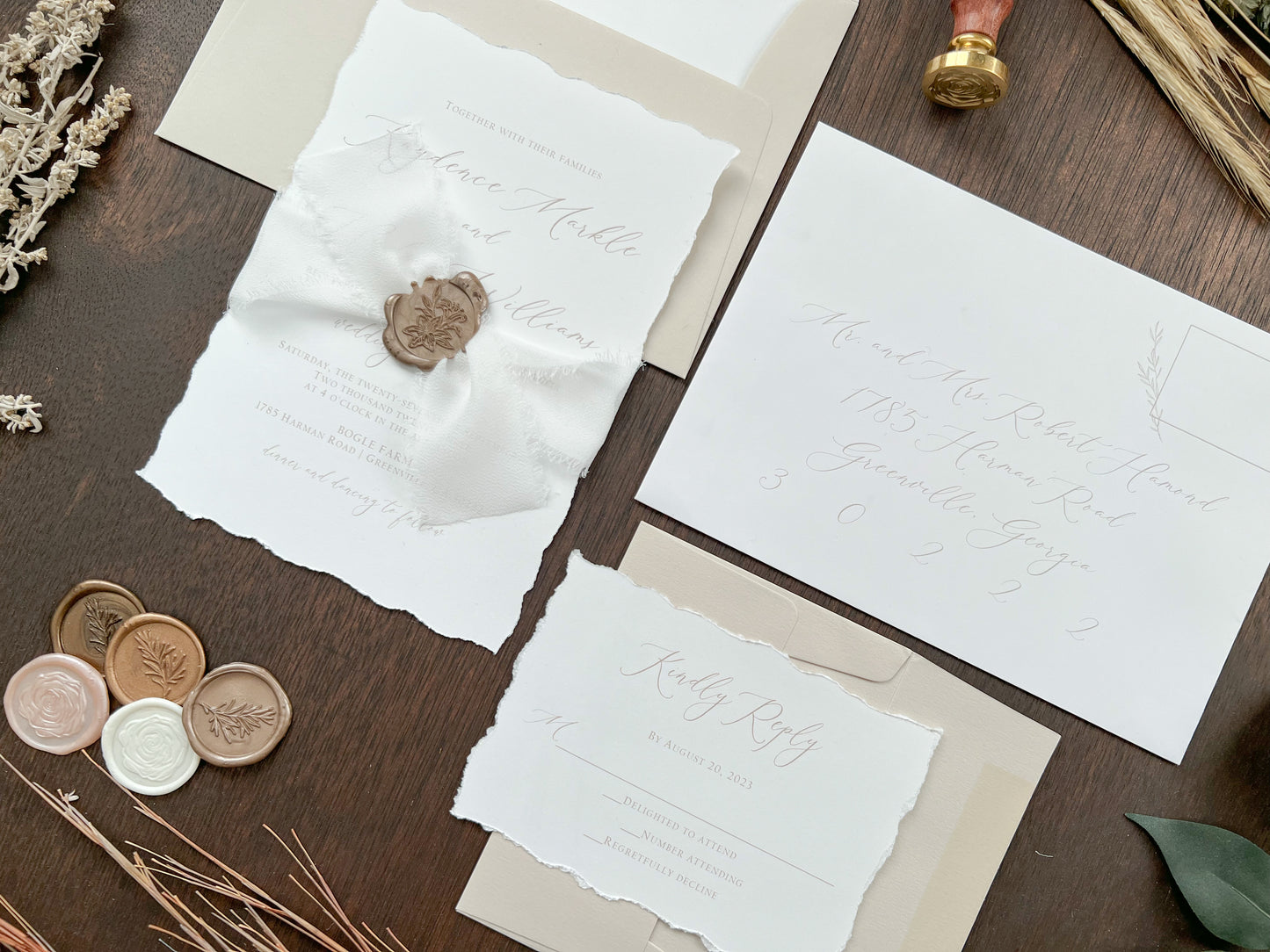 Classic Elegant Wedding Invitation with Deckled Edging, White Chiffon Ribbon & Wax Seal