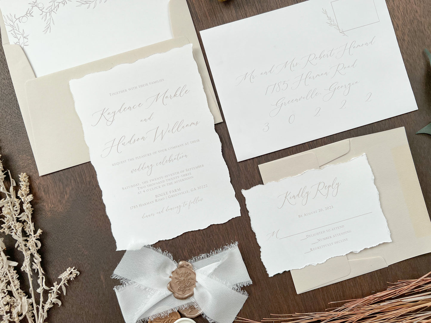 Classic Elegant Wedding Invitation with Deckled Edging, White Chiffon Ribbon & Wax Seal