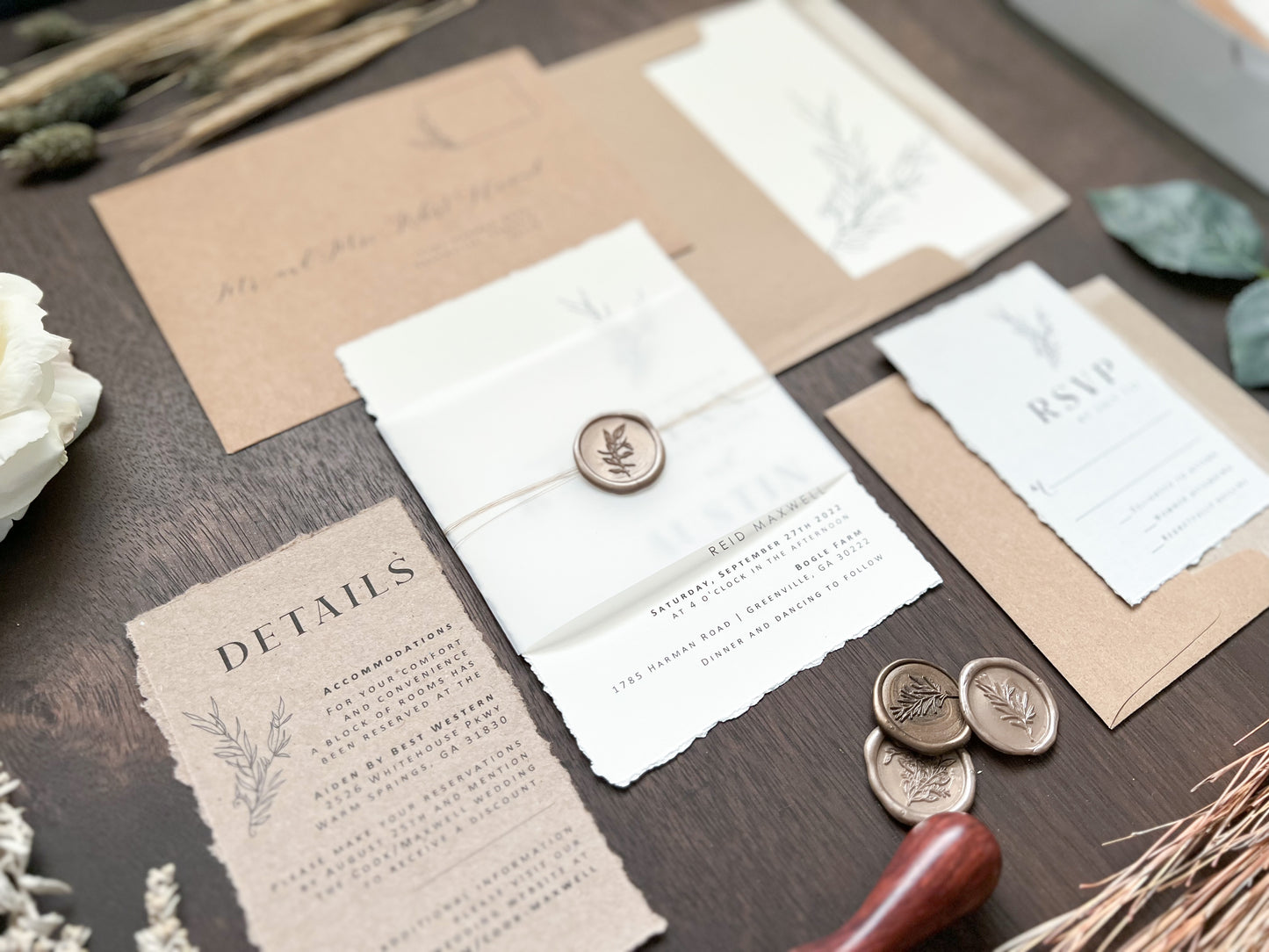 Contemporary Boho Wedding Invitation with Deckled Edging, Vellum Belly Band and Wax Seal