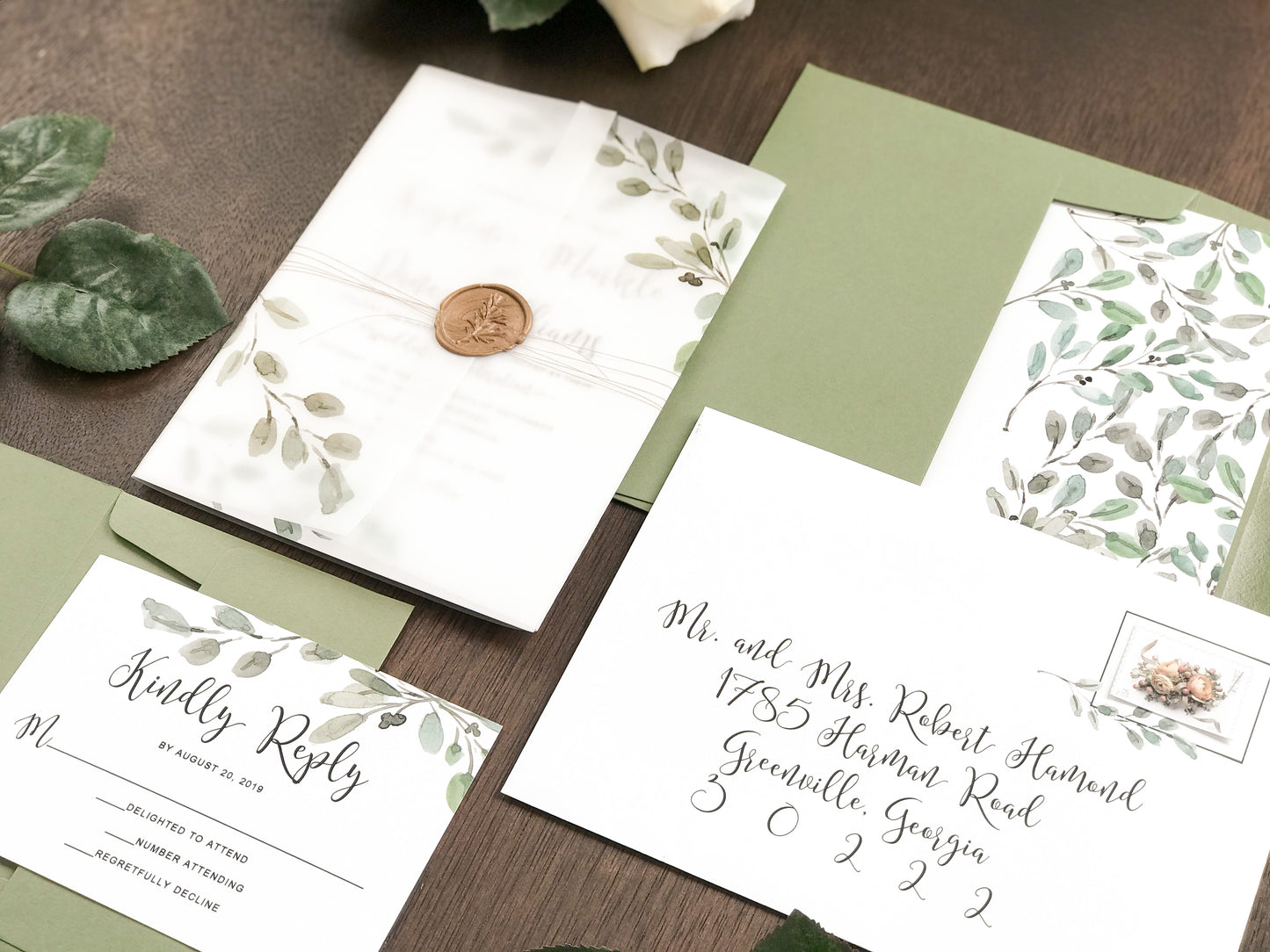 Greenery Vellum Wedding Invitation with Wax Seal