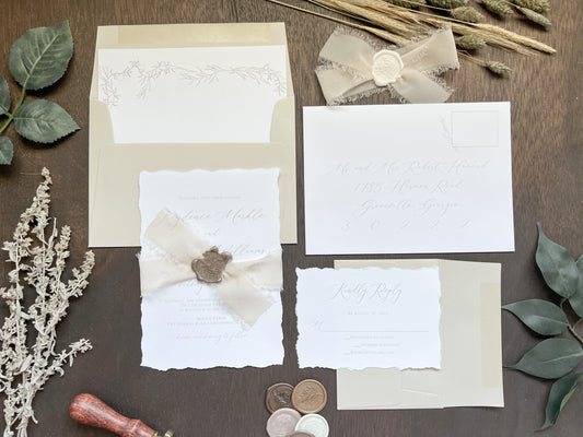Classy Formal Elegant Wedding Invitation with Deckled Edging, Light Nude Chiffon Ribbon & Wax Seal