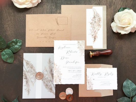 Deckled Edge Boho Vellum Wedding Invitation with Wax Seal and Pampas Grass