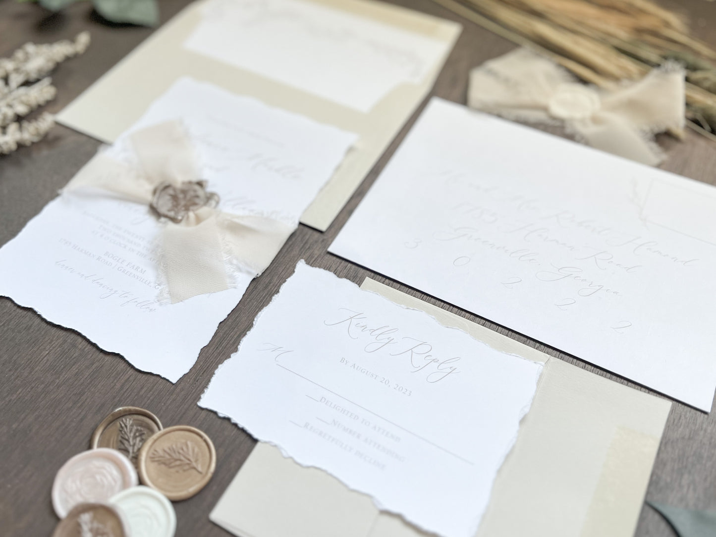 Classy Formal Elegant Wedding Invitation with Deckled Edging, Light Nude Chiffon Ribbon & Wax Seal
