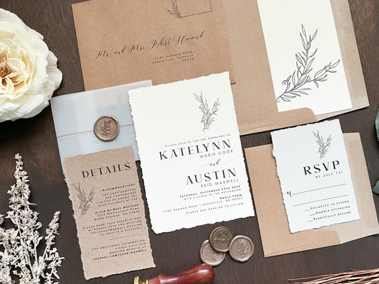 Contemporary Boho Wedding Invitation with Deckled Edging, Vellum Belly Band and Wax Seal