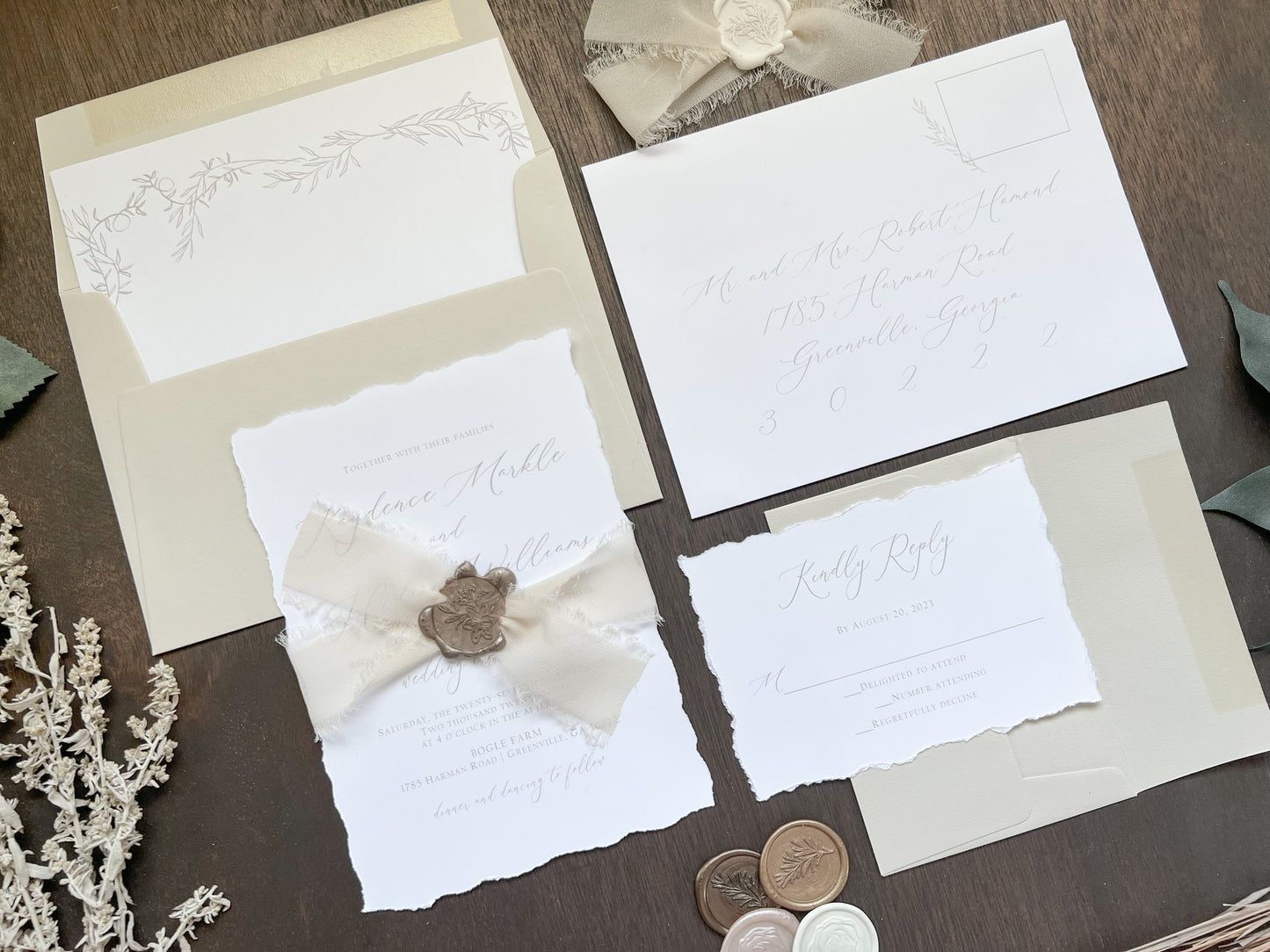 Classy Formal Elegant Wedding Invitation with Deckled Edging, Light Nude Chiffon Ribbon & Wax Seal