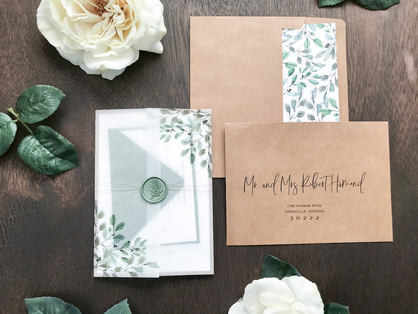 Wedding Invitation with Watercolor Greenery, Wax Seal & Vellum
