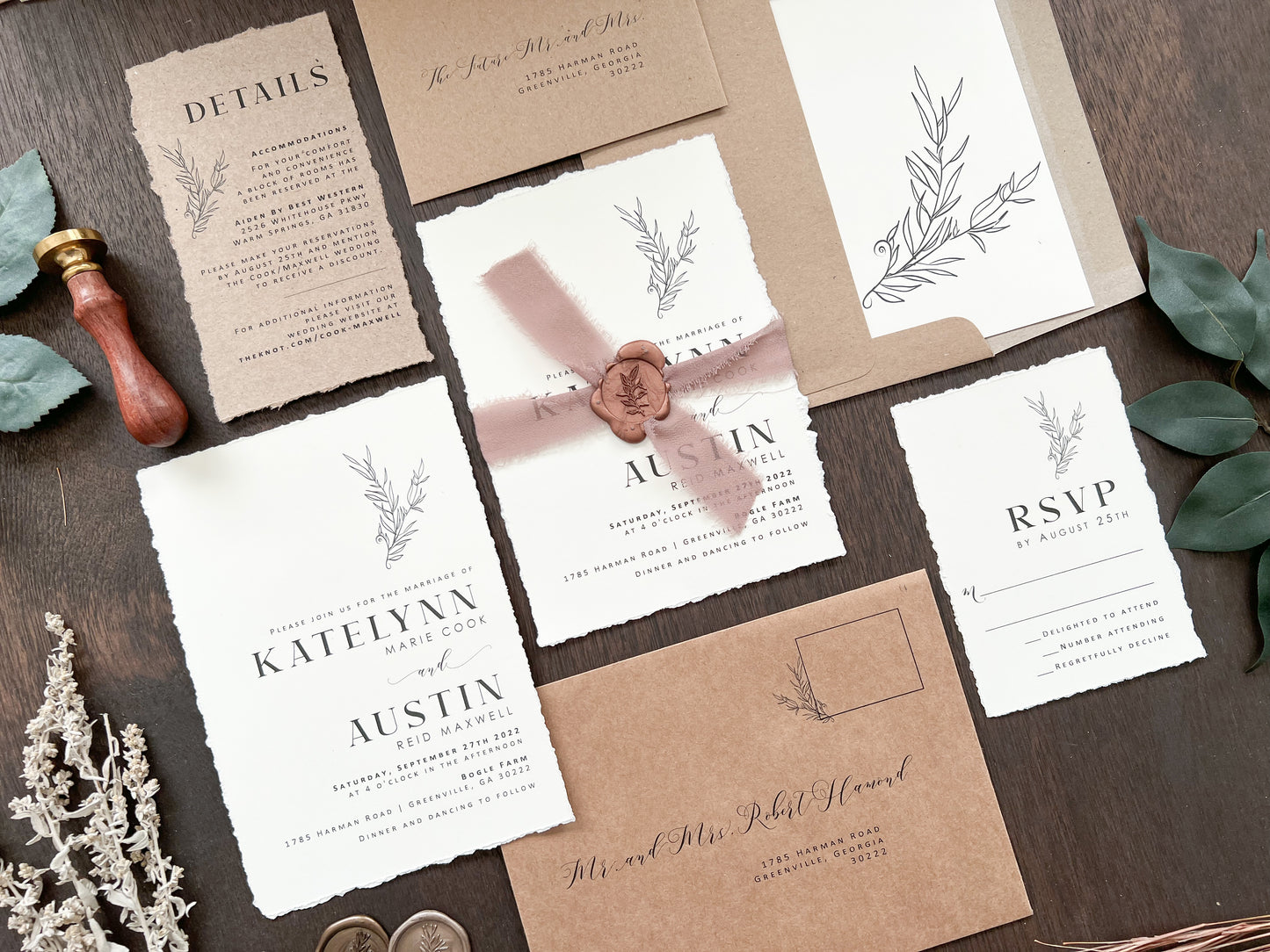 Rustic Elegant Boho Wedding Invitation with Deckled Edging, Dark Nude Ribbon & Copper Wax Seal