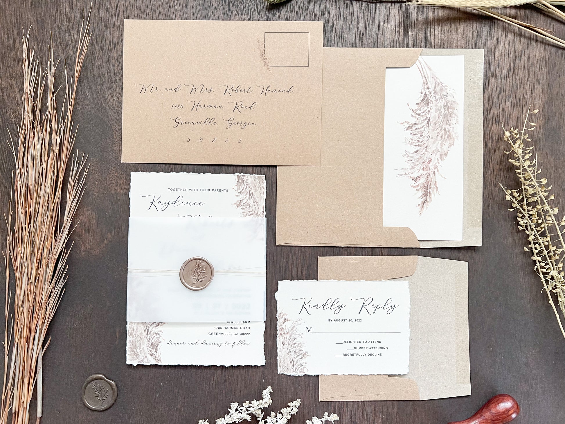 Pampas Grass Boho Wedding Invitation with Deckled Edging, Vellum Belly Band, Wax Seal and Thread