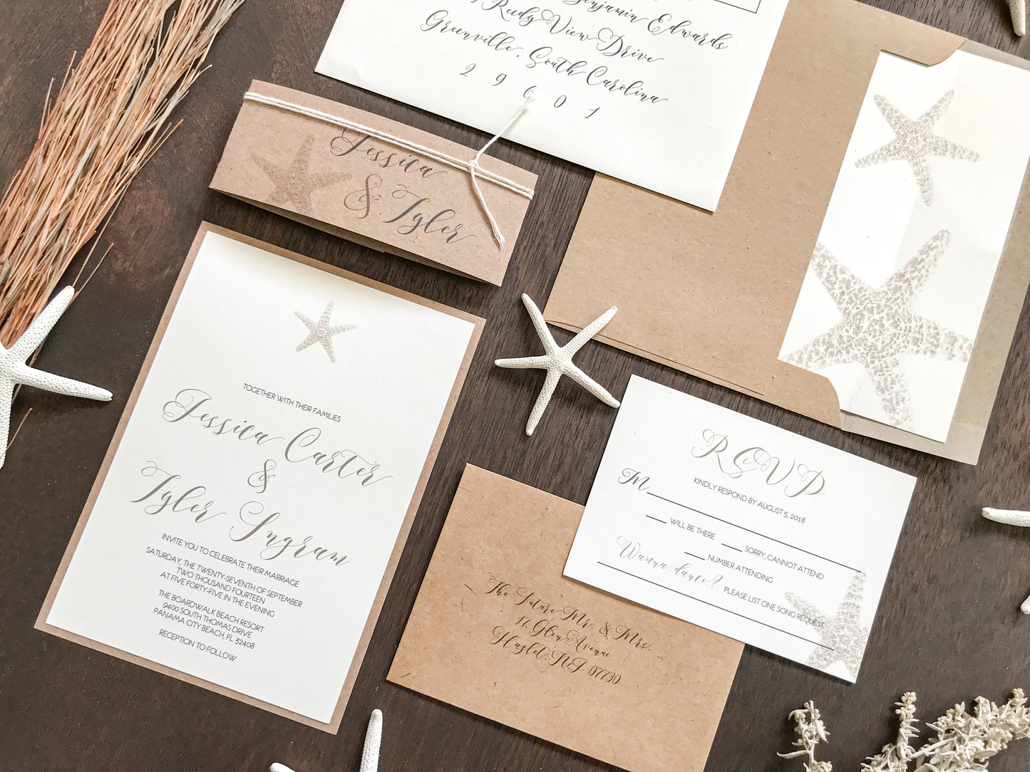 Rustic Beach Wedding Invitation with Personalized Kraft Bellyband and Twine