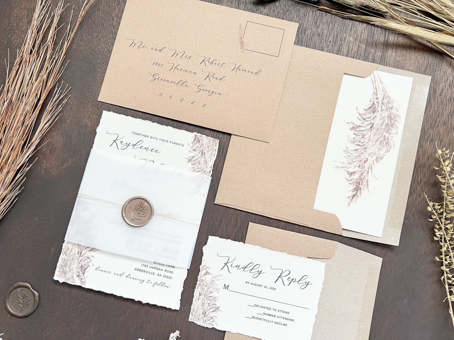 Pampas Grass Wedding Invitation with Deckled Edging, Vellum, & Wax Seal
