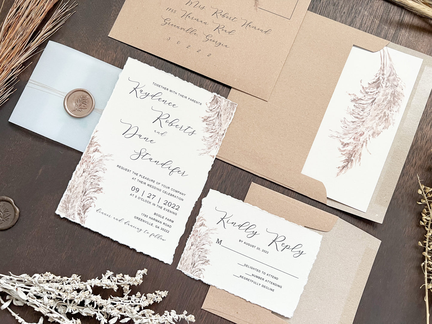Pampas Grass Wedding Invitation with Deckled Edging, Vellum, & Wax Seal