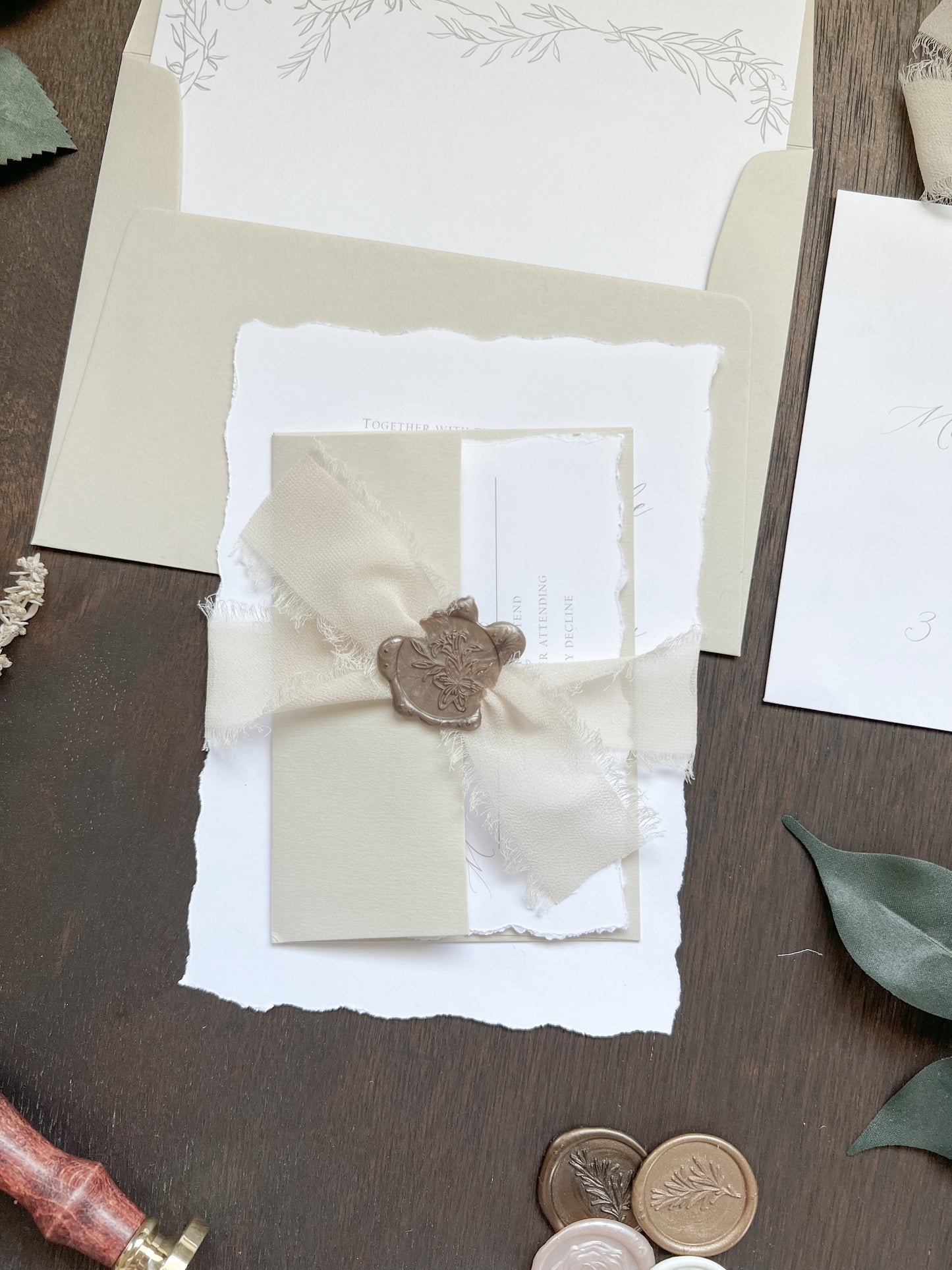 Classy Formal Elegant Wedding Invitation with Deckled Edging, Light Nude Chiffon Ribbon & Wax Seal