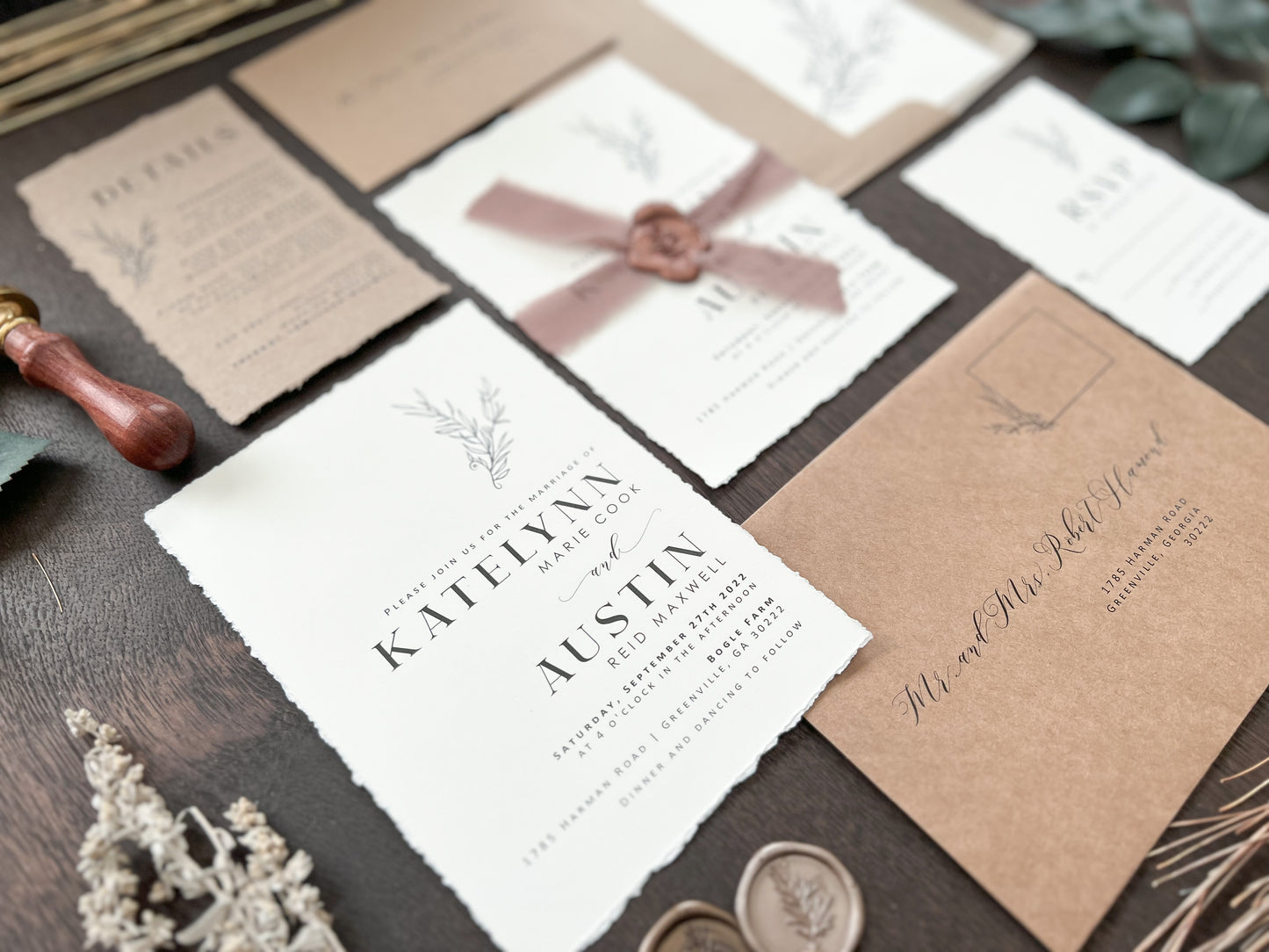 Rustic Elegant Boho Wedding Invitation with Deckled Edging, Dark Nude Ribbon & Copper Wax Seal