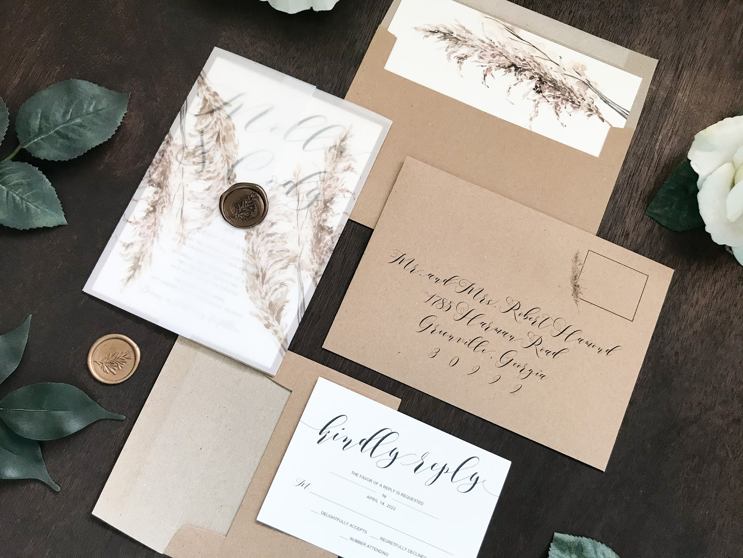 Vellum Wedding Invitation with Pampas Grass & Wax Seal