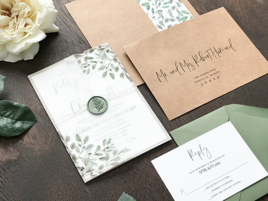 Wedding Invitation with Watercolor Greenery, Wax Seal & Vellum