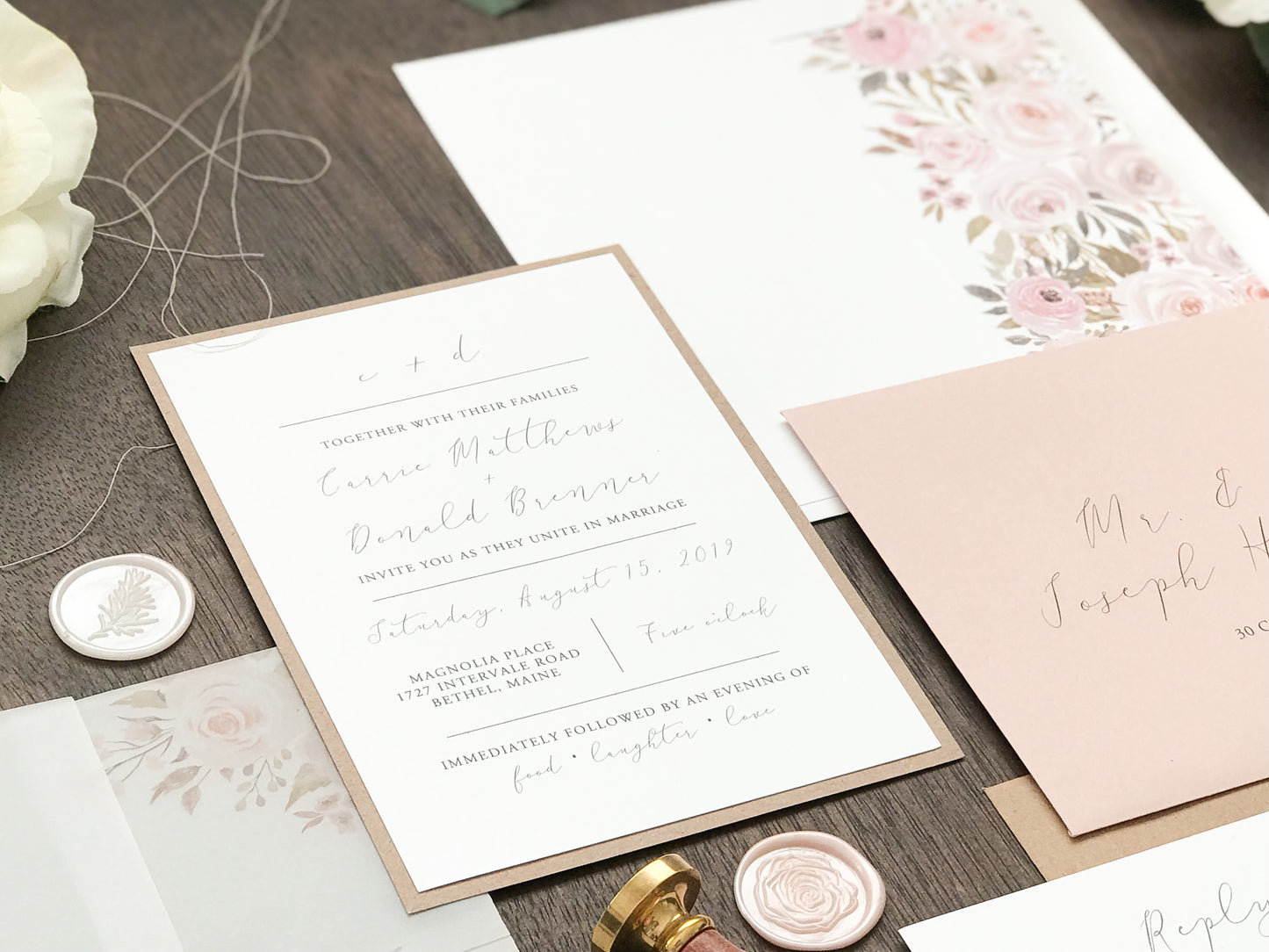 Muted Blush Pink and Floral Wedding Invitation with Vellum and Wax Seal