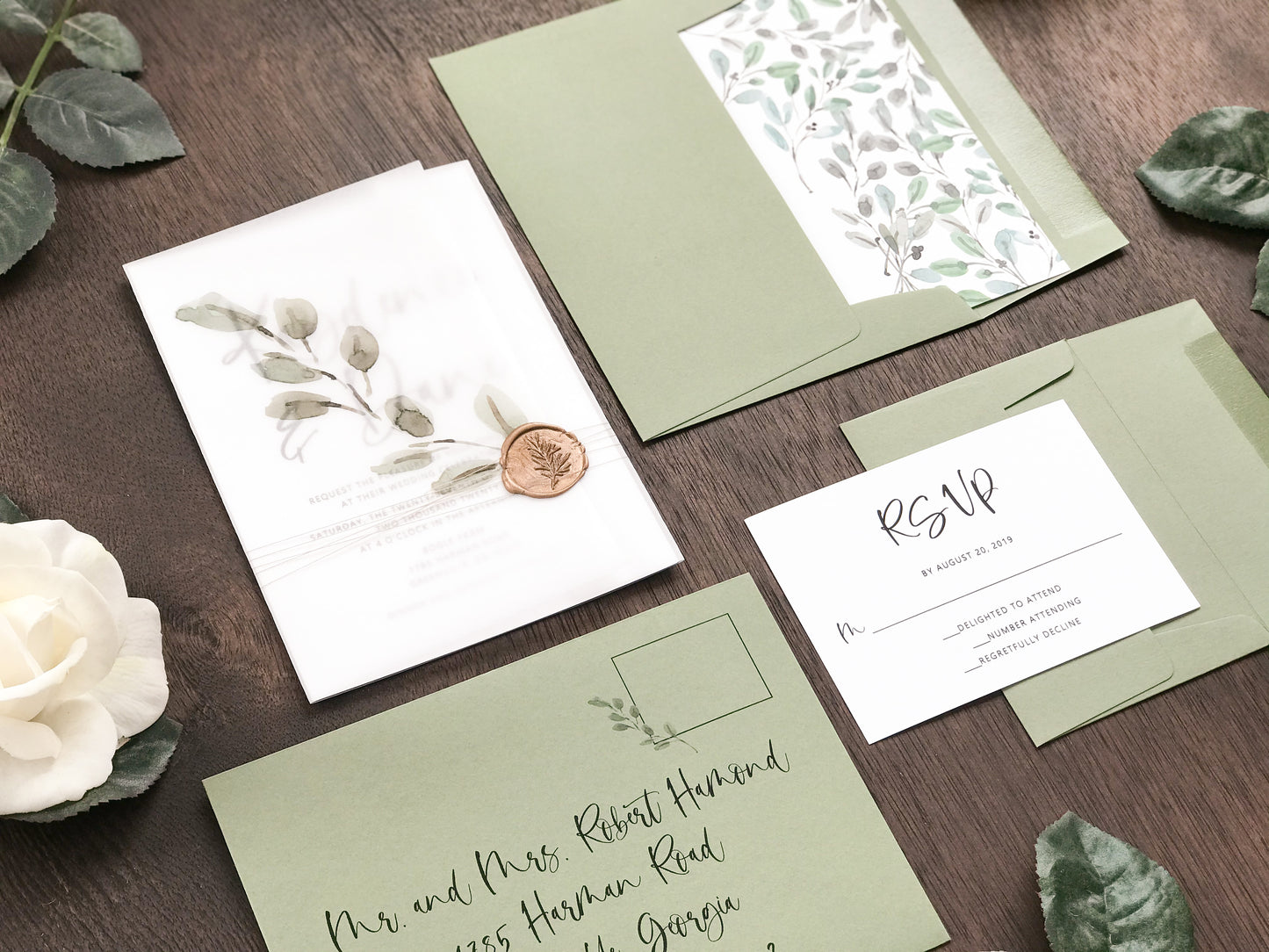 Greenery Wax Seal Vellum Wedding Invitation