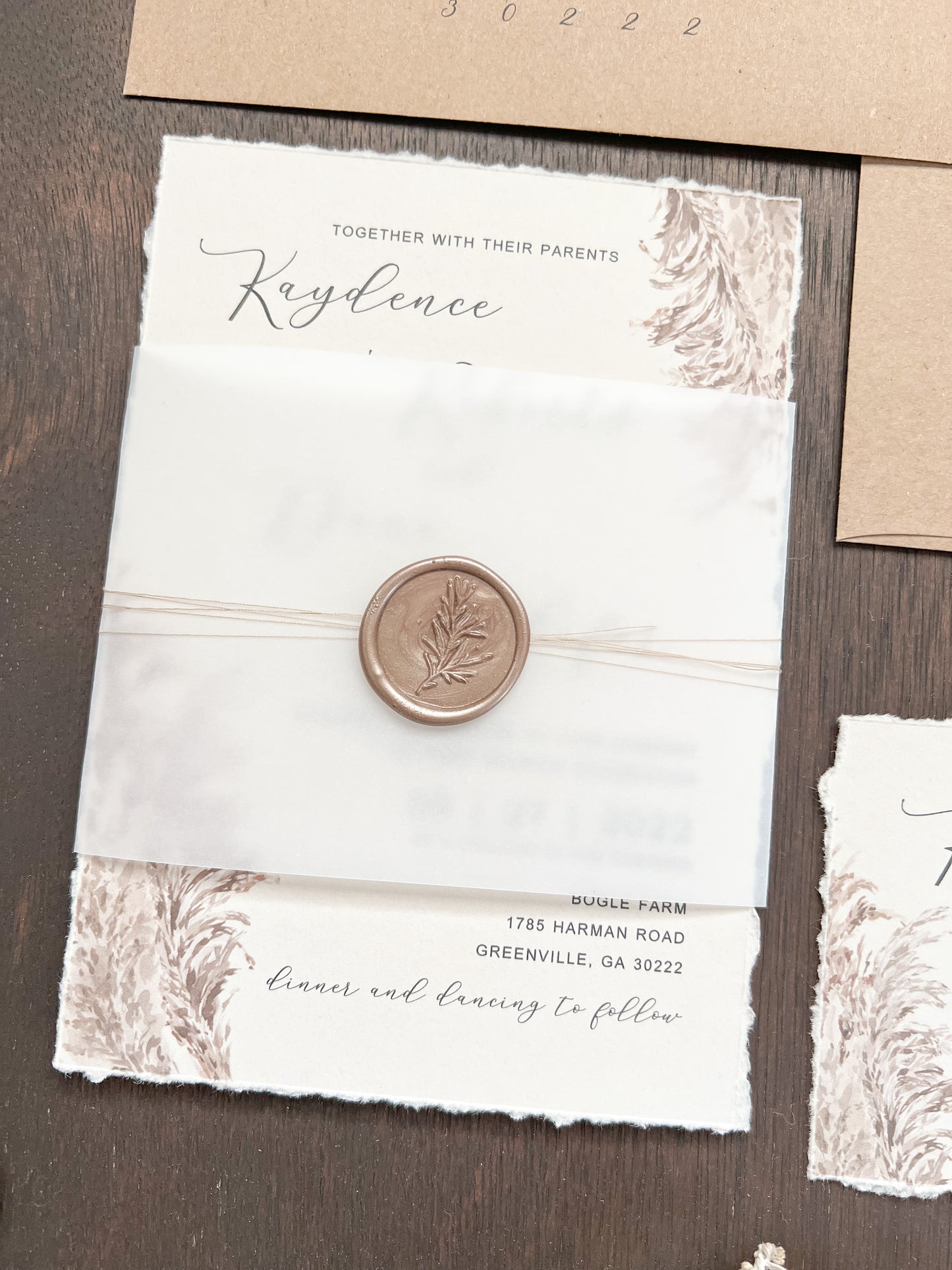 Pampas Grass Wedding Invitation with Deckled Edging, Vellum, & Wax Seal